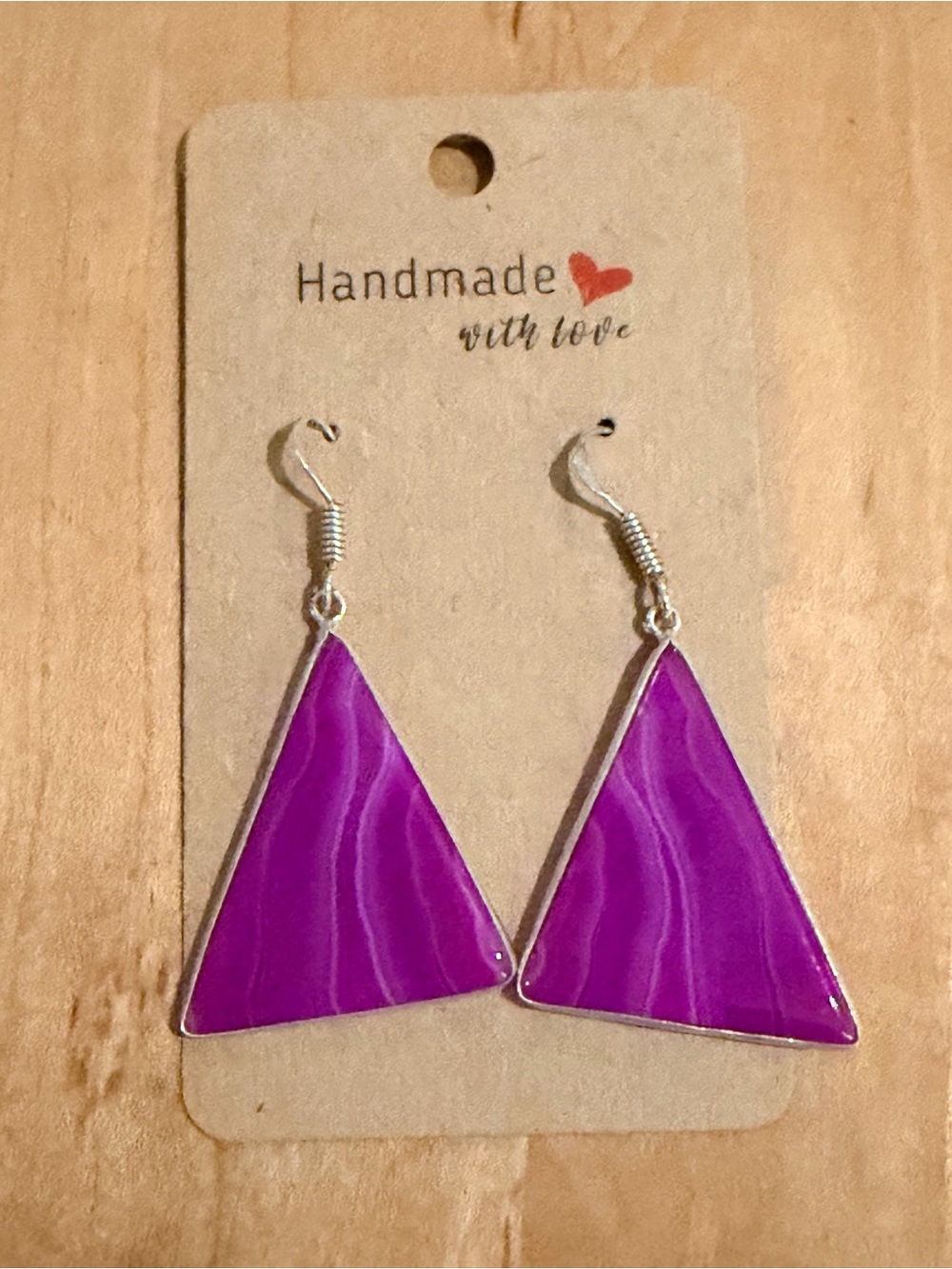 Fuchsia Banded AgateTriangle Dangle Earrings - 925 Plated/Stamped